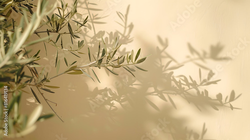 Olive tree branches on neutral pastel beige wall   Generative AI