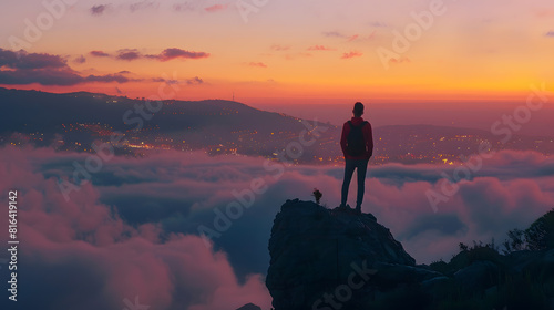 Back view of silhouette of male tourist standing on top of rock and enjoying beautiful sunset over city covered with fog and clouds during travel in Spain : Generative AI