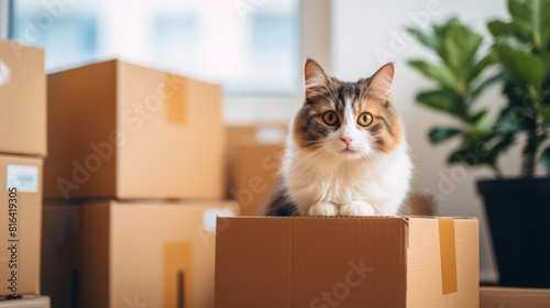 A cute cat is sitting in a box. The cat has big green eyes and a fluffy tail. The box is surrounded by other boxes and a plant. The cat looks like he is ready to move.
