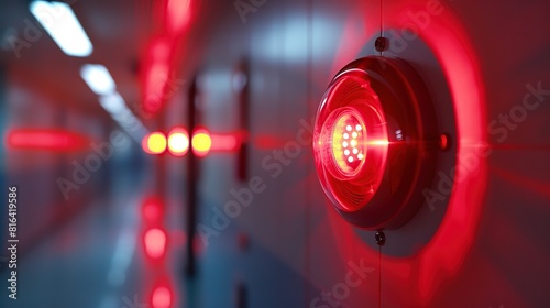 Close up of red fire alarm detector, strobe light hanging on the iron wall.