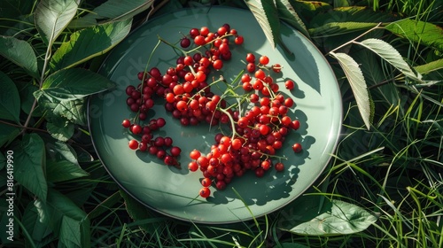 Plate with red mountain ash and chokecherry berries on grass in garden photo