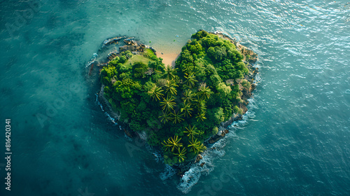 heart-shaped island in the ocean with palm trees, An island in the ocean with heart-shaped palm trees, Heart-shaped island. Generative AI © Xpert