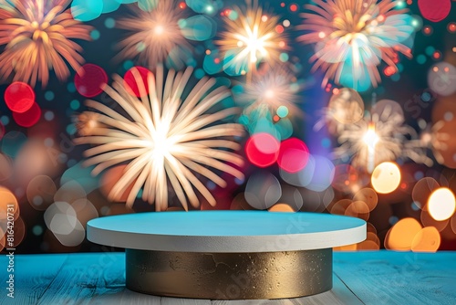 Empty pedestal for product display with fireworks festival and confetti blurred background anniversary scene