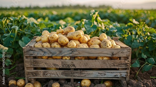 Piles of fresh potatoes in a wooden box on a potato plantation farm. Farming and harvesting concepts.