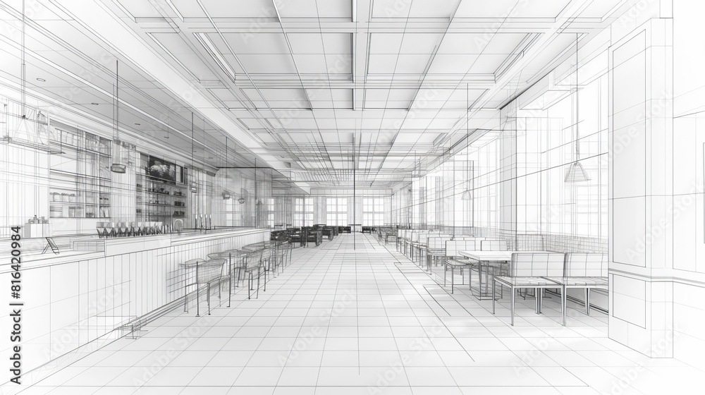 Fototapeta premium 3D Modeling Wireframe Interior: A 3D illustration showcasing a wireframe model of an interior space