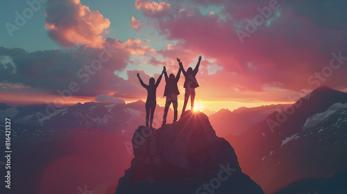 Together overcoming obstacles as a group of three people raising hands up on the top of a mountain Celebrate victory and success over sunset background Goal achievement symbol : Generative AI photo