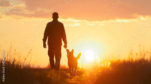 Silhouettes of a man and a dog on a sunset background the owner walks with his pet in nature Belgian Shepherd Malinois dog : Generative AI photo