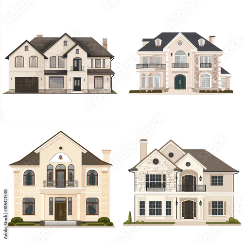 A set of four elegant vector illustrations of luxurious and modern houses with intricate architecture. Ideal for real estate, property investment, dream homes, and upscale residential designs.