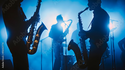 Bands silhouettes with on a concert  Group of saxophone guitar trombone players performing on stage : Generative AI photo