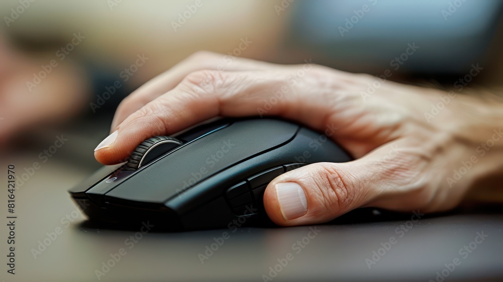 Palms grasp the ergonomic mouse of a desktop computer, clicking and scrolling through digital content. Palms grasp the ergonomic mouse of a desktop computer, clicking and scrolling through digital content.
