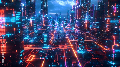 Illuminating the Digital Metropolis A Cityscape of Interconnected Nodes and Pulsing Networks