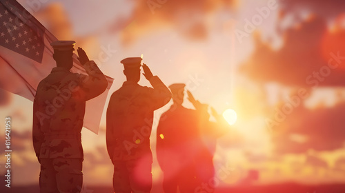 USA army soldiers saluting on a background of sunset or sunrise and USA flag Greeting card for Veterans Day Memorial Day Independence Day America celebration 3Drendering : Generative AI photo