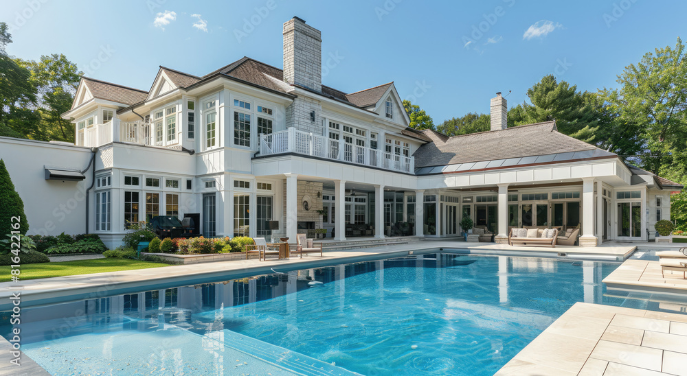 A large, elegant home with an outdoor pool and landscaping in the background. The house has multiple windows, surrounded by trees, grassy lawns, and flowers, creating a serene environment
