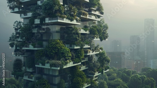 Futuristic green building integrated with lush plants in an urban environment