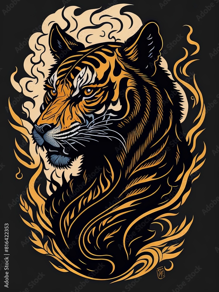 Mysterious Tiger Drawing Emerging from the Depths of a Dark Abyss. Mystical Tattoo Design. Suitable for T-Shirt Design Inspiration.
Mysterious Tiger Drawing Emerging from the Depths of a Dark Abyss. Mystical Tattoo Design. Suitable for T-Shirt Design Inspiration.