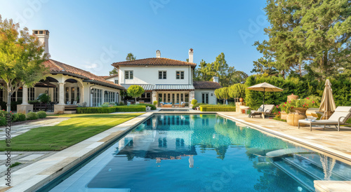 A large  elegant home with an outdoor pool and landscaping in the background. The house has multiple windows  surrounded by trees  grassy lawns  and flowers  creating a serene environment