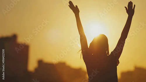 Woman raising his hands in worship Christian Religion concept Silhouette woman on sunrise background Christian female prayers to God in faith Women raise hands in praise with faith and : Generative AI