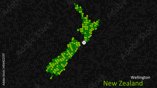 A map of New Zealand is presented as a mosaic with a dark background, and the country's borders are outlined in the shape of a colorful mosaic, centered around the capital city.
