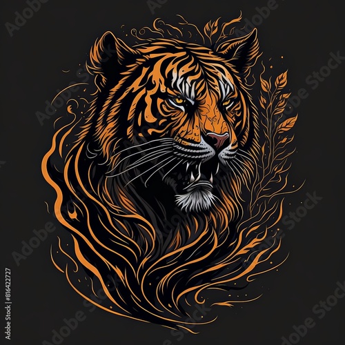 Surreal Tiger Drawing in a Dreamlike Landscape with Floating Islands. Fantasy Tattoo Design. Suitable for T-Shirt Design Inspiration. 