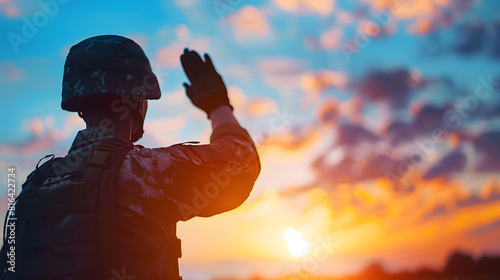 Soldier salute Silhouette on sunset sky War army military guard concept : Generative AI