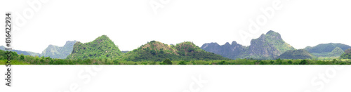 mountain range with a green forest in the foreground and a white background