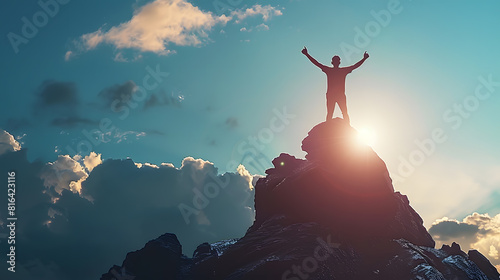 Silhouette of businessman celebrating raising arms on the top of mountain with over blue sky and sunlightconcept of leadership successful achievement with goalgrowthupwin and objective : Generative AI