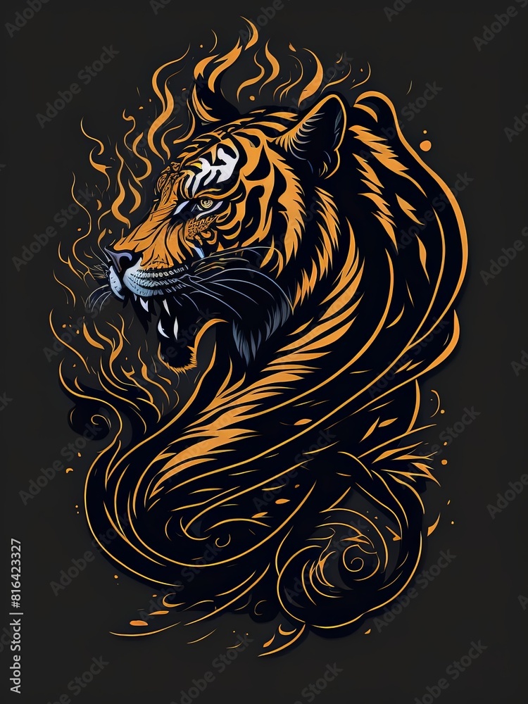 Obraz premium Tattoo drawing of a Wild tiger golden hair Black Background. American traditional tattoo. Sticker with outline