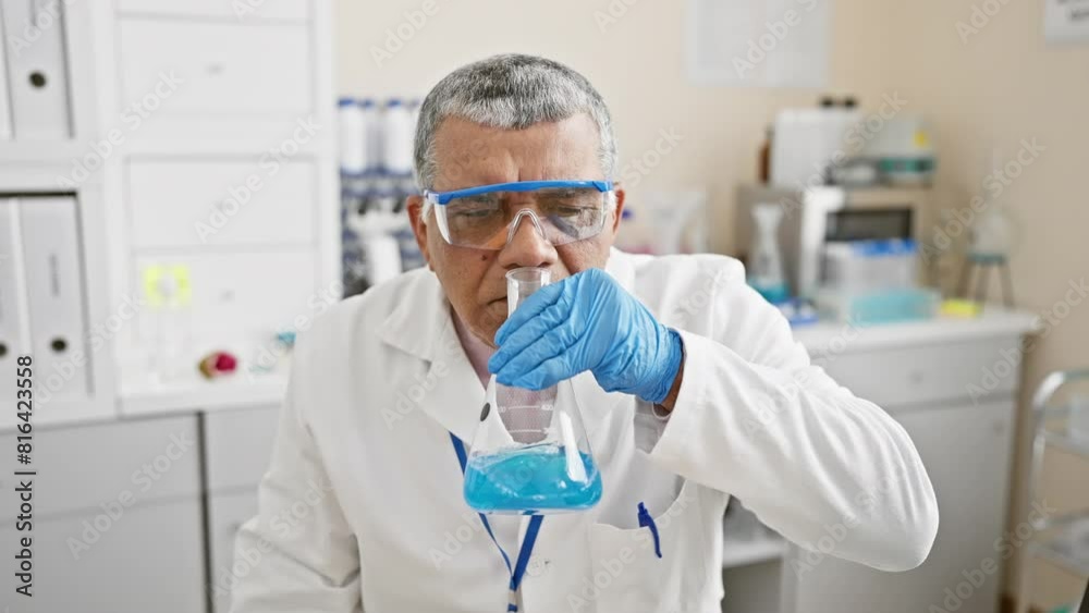 A senior man scientist conducting an experiment in a laboratory, holding a flask with blue liquid. A senior man scientist conducting an experiment in a laboratory, holding a flask with blue liquid.