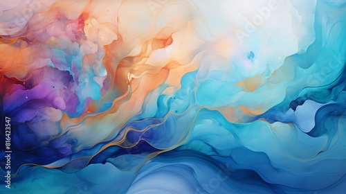 The image is an abstract painting with a blue and purple background. The painting is very fluid and has a lot of movement. It is very calming and relaxing to look at. photo