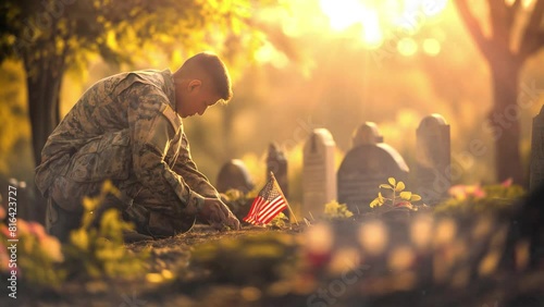 A US Army soldier planting American flags on the graves of fallen soldiers in the Cemetery, memorial day, holiday