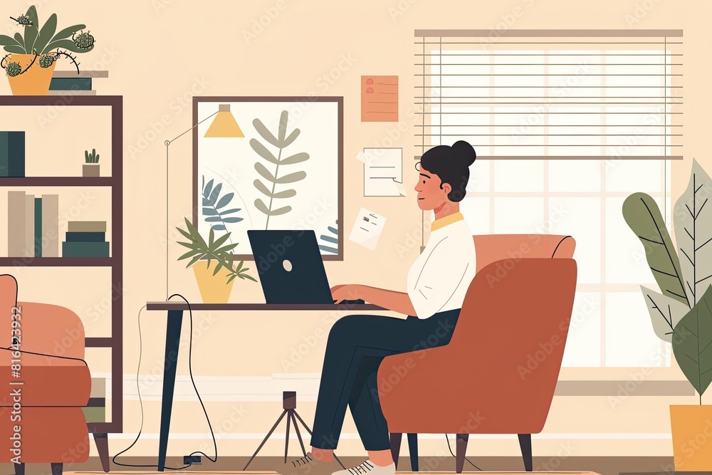 A therapist is conducting virtual sessions on a laptop in a calm and professional home office. Simple and minimalist flat Vector Illustration A therapist is conducting virtual sessions on a laptop in a calm and professional home office. Simple and minimalist flat Vector Illustration