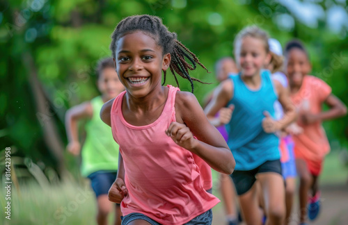 A group of children were running in the park, wearing colorful sports uniforms and smiling while doing cross country racing, representing adventure sports for kids