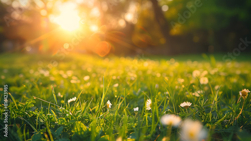 Beautiful spring nature background with sunlight and green grass meadow, sunny day. Beautiful summer landscape banner with copy space for text. Sun shine on blurred background