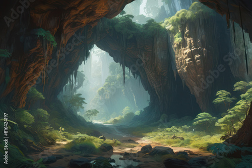 a huge cave  wide overgrown forest