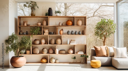 The image shows a living room with a large bookshelf  a sofa  and a few plants