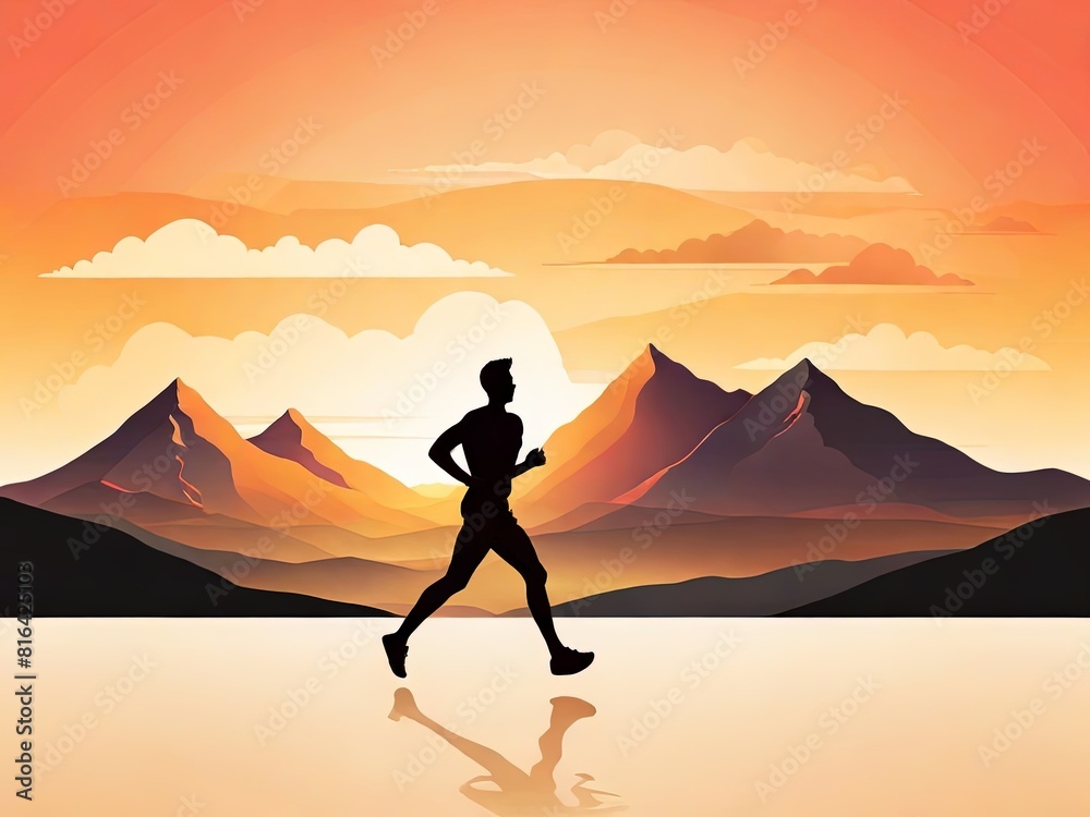 Inspiring Sillhouette of a Runner Charging through Mountainous Terrain at Sunset. Pursuing Adventure in a Healthy Lifestyle. Suitable for Sports Graphic Resource.
