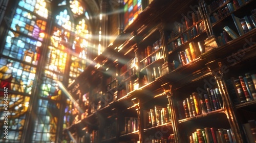 Enchanted Library: Sunlight Filtering Through Stained Glass Windows