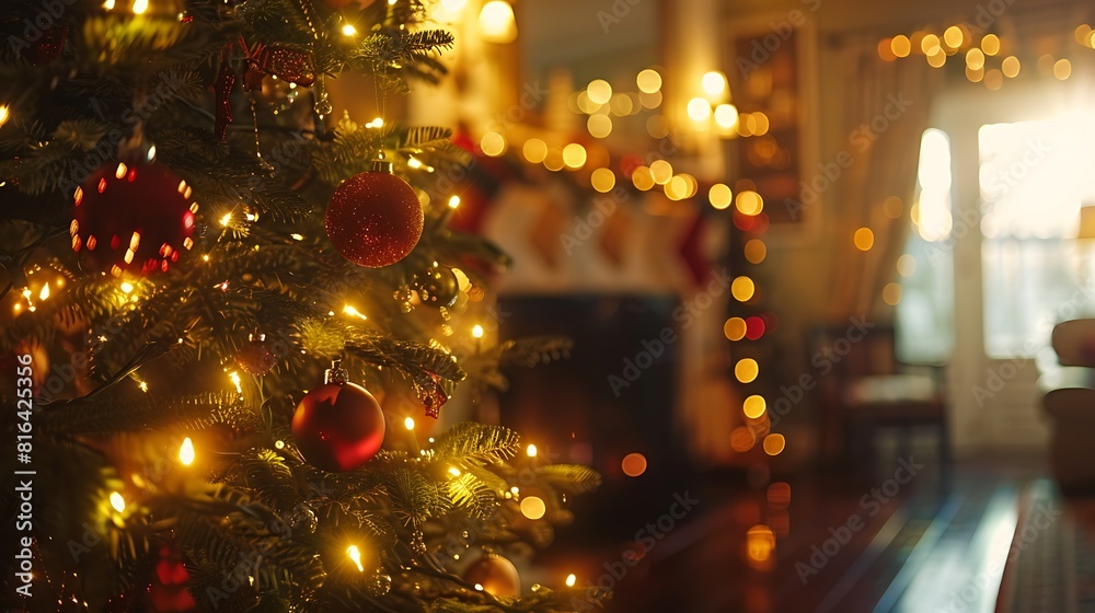 Softly illuminated Christmas tree lights casting a warm glow in a dimly lit room