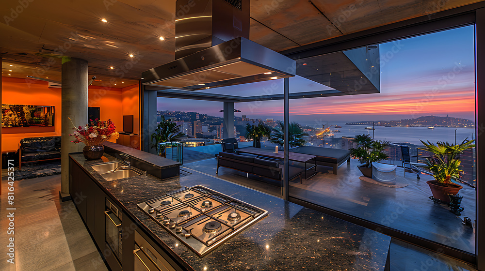 Beautiful interior of a modern kitchen in a penthouse Beautiful interior of a modern kitchen in a penthouse