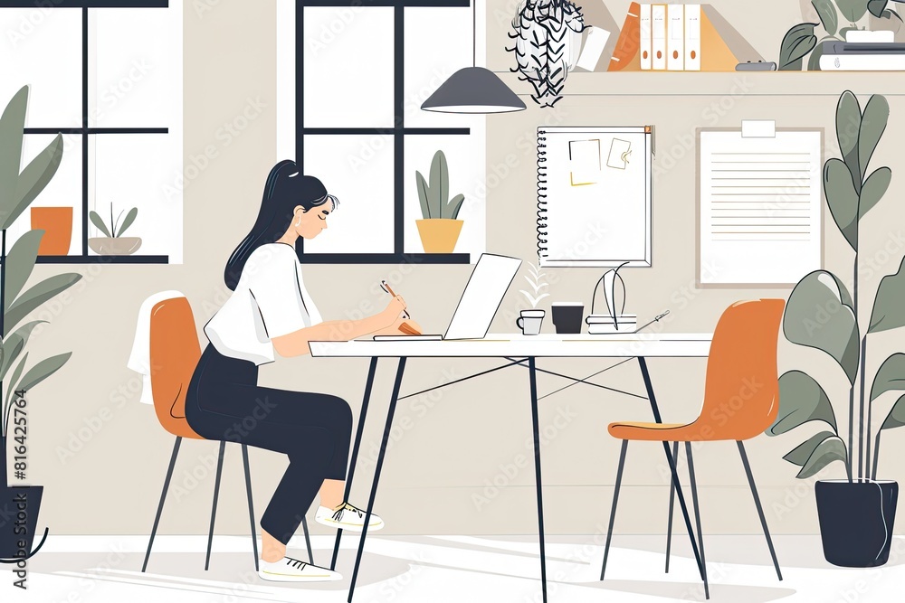 A woman sits on the floor focused on her laptop screen as she works diligently Someone doing activities at home Simple and minimalist flat Vector Illustration A woman sits on the floor focused on her laptop screen as she works diligently Someone doing activities at home Simple and minimalist flat Vector Illustration