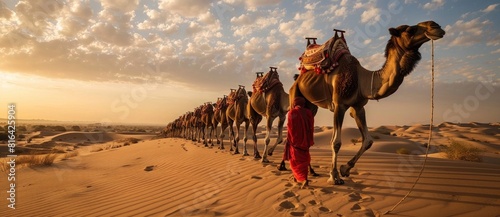Photo of indian man leading group or team of camels in desert  bright colors