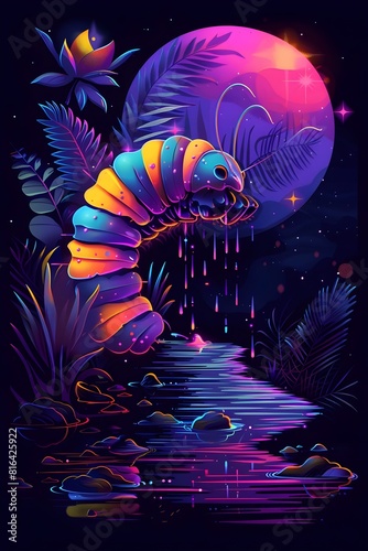 Resilient Caterpillar s Neon Synthwave Crossing in Glowing Surreal Landscape