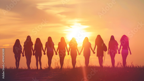Sunrise silhouette of 10 young women walking hand in hand : Generative AI