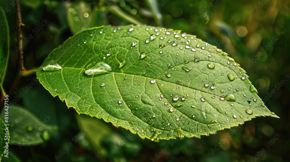A Green Leaf Adorned with Water Droplets A Green Leaf Adorned with Water Droplets