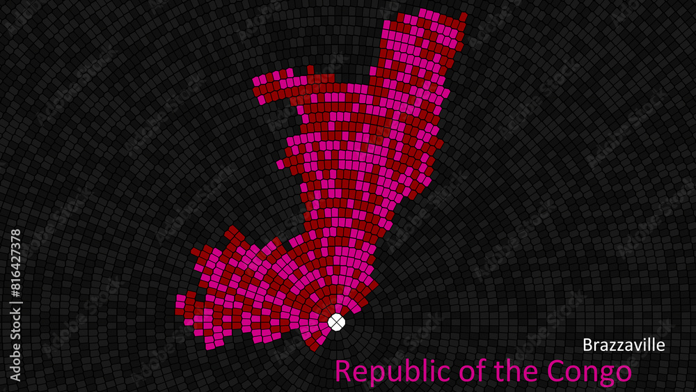 A map of Republic of the Congo is presented as a mosaic with a dark background, and the country's borders are outlined in the shape of a colorful mosaic, centered around the capital city.