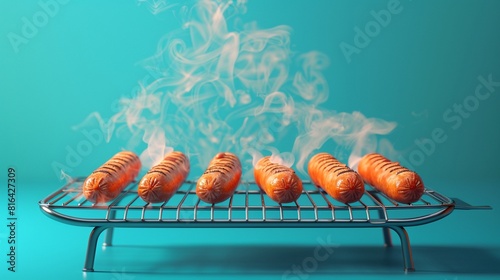 Grilling hot dogs on a sunny day flat design side view outdoor cooking theme 3D render Split complementary color scheme photo