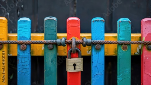 Colorful fence with closed lock set against a black backdrop photo