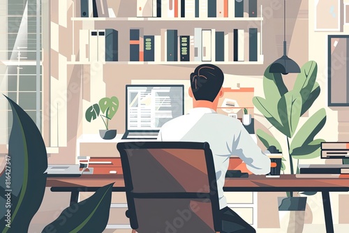 An analyst is compiling reports on a computer in a minimalist and well-structured home office. Simple and minimalist flat Vector Illustration 