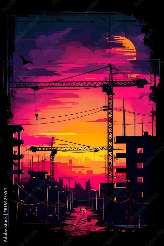 Naklejka premium Vibrant Cityscape at Dusk with Silhouetted Cranes and Neon Hued Sky Symbolizing Progress and Productivity in the Urban Landscape