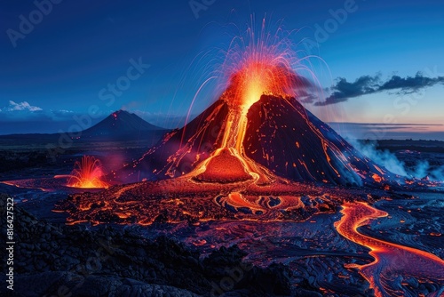 Photo of red lava beautifully lit erupting from an active volcano at night photo
